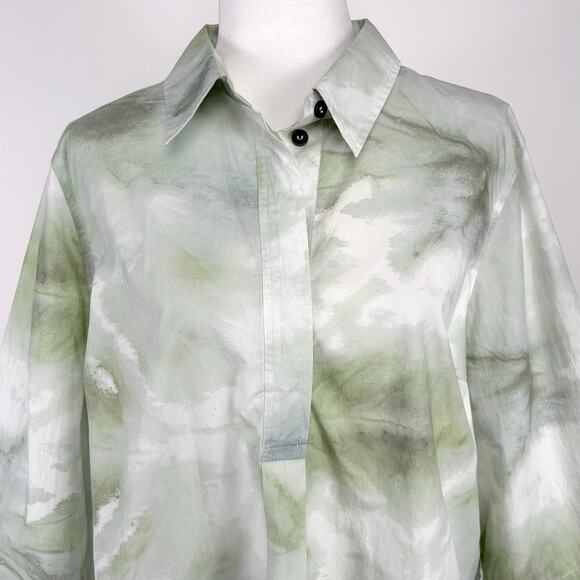 Ganni Tie Dye Cotton Poplin Quarter Button Shirt in Green Watercolor EU 44 US XL - Picture 4 of 10